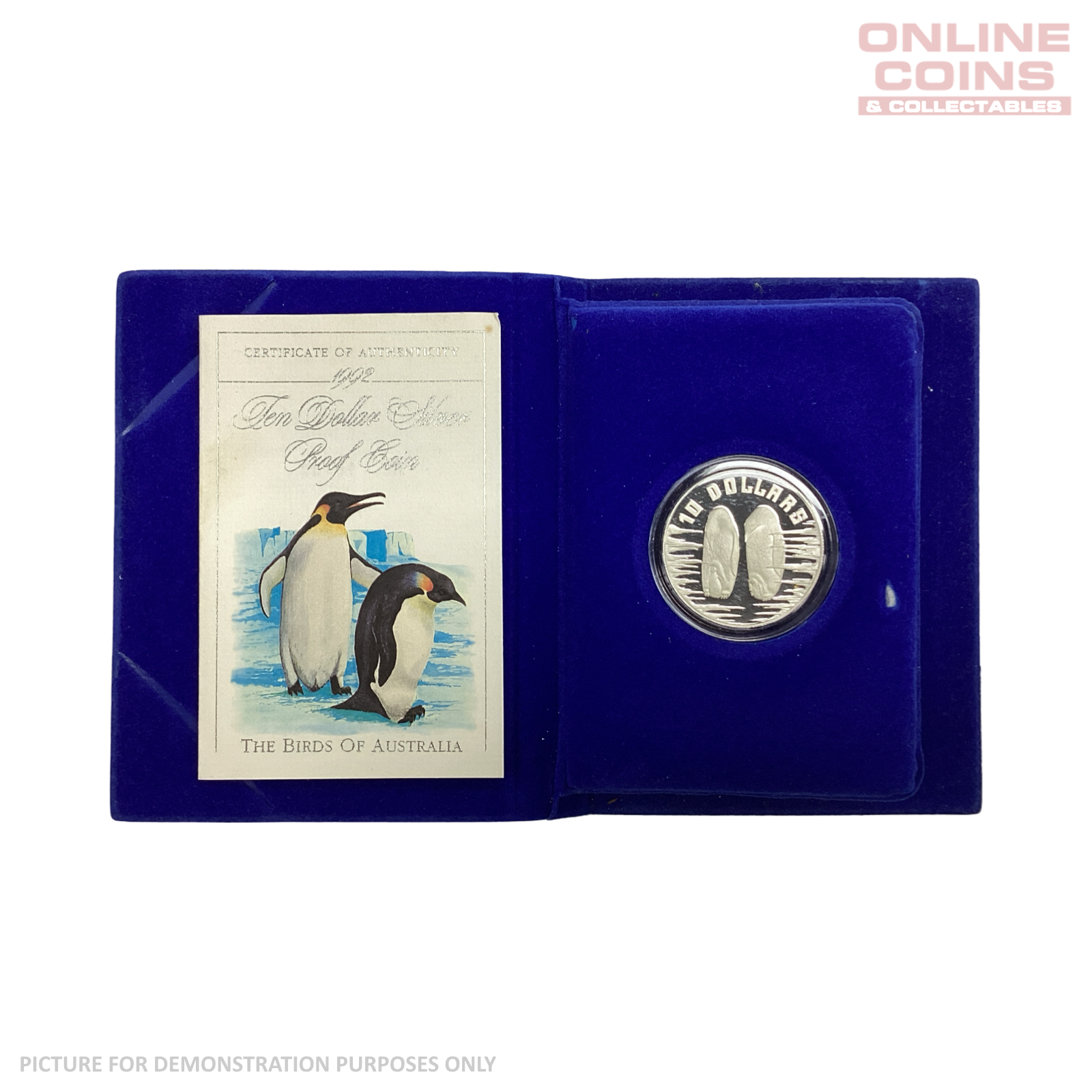 1992 92.5% Silver Proof $10 Emperor Penguins Birds of Australia In Damaged display